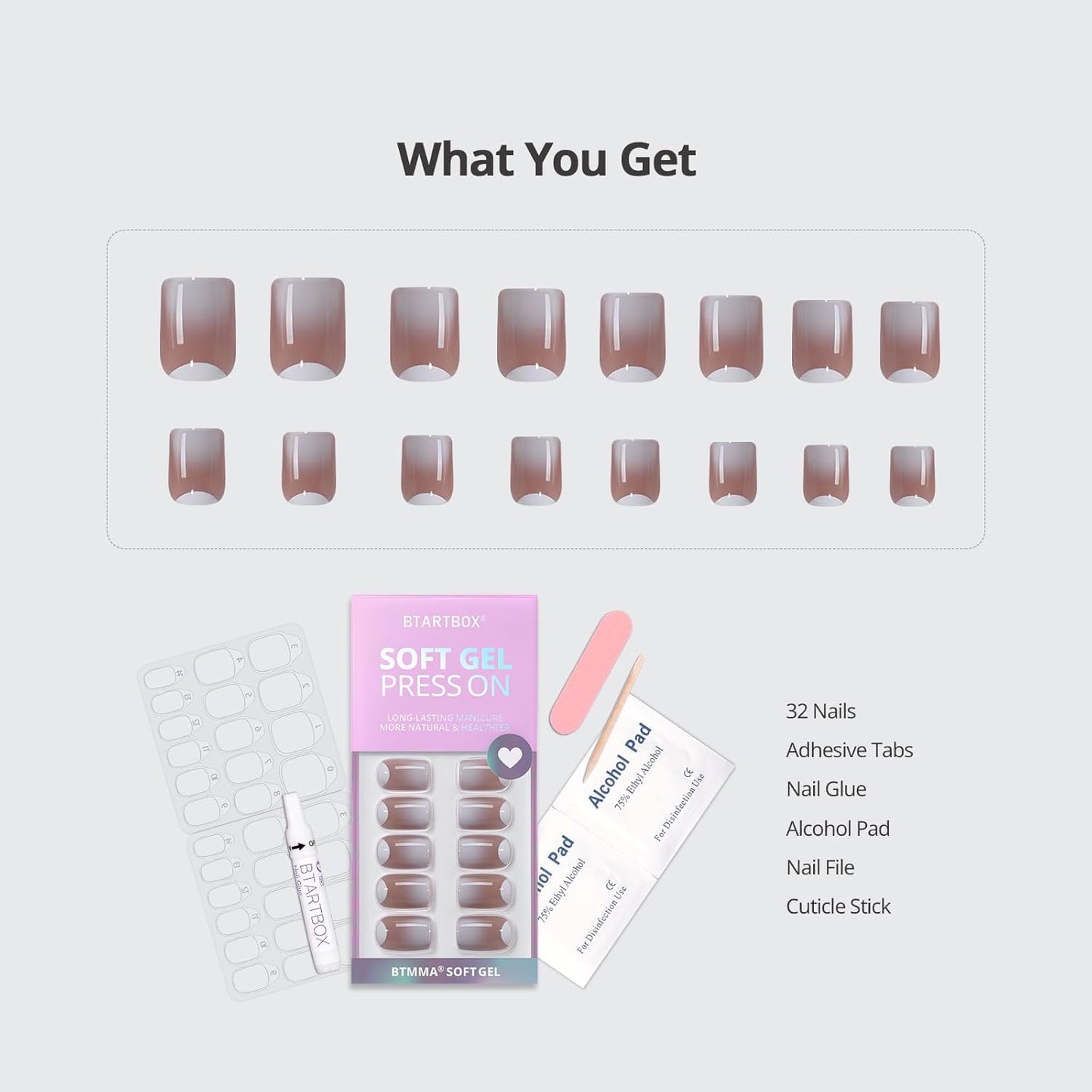 BTArtbox Short Ombre Press On Nails - Square Nail Tips with Glue for Women, Opaque Soft Gel Glue On Nails in 16 Sizes - 32 Stick On Nails Kit, Edge Play