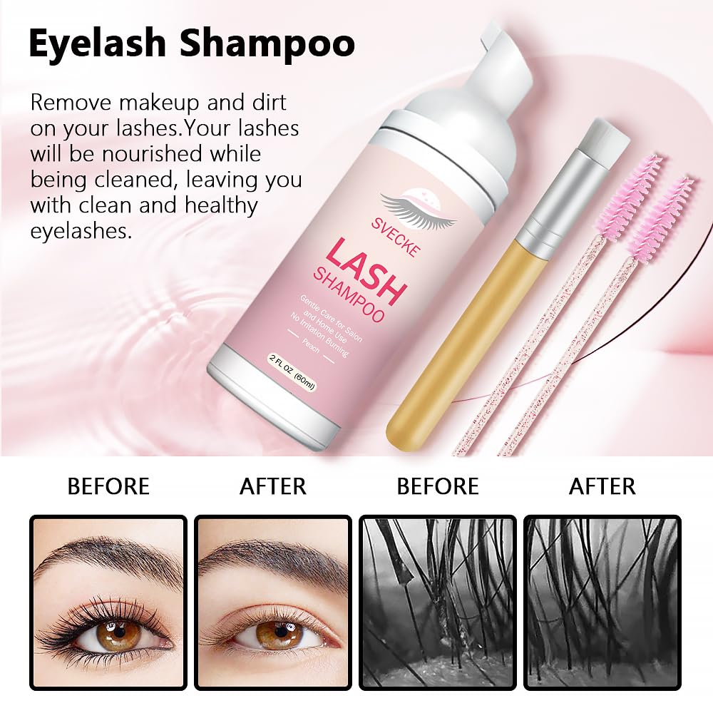 Lash Shampoo Kit Eyelash Extension Cleanser, Eyelash Shampoo for Lash Extensions, Lash Cleaner Eyelid Foam Cleaning Kit for Salon Home Use (Peach)