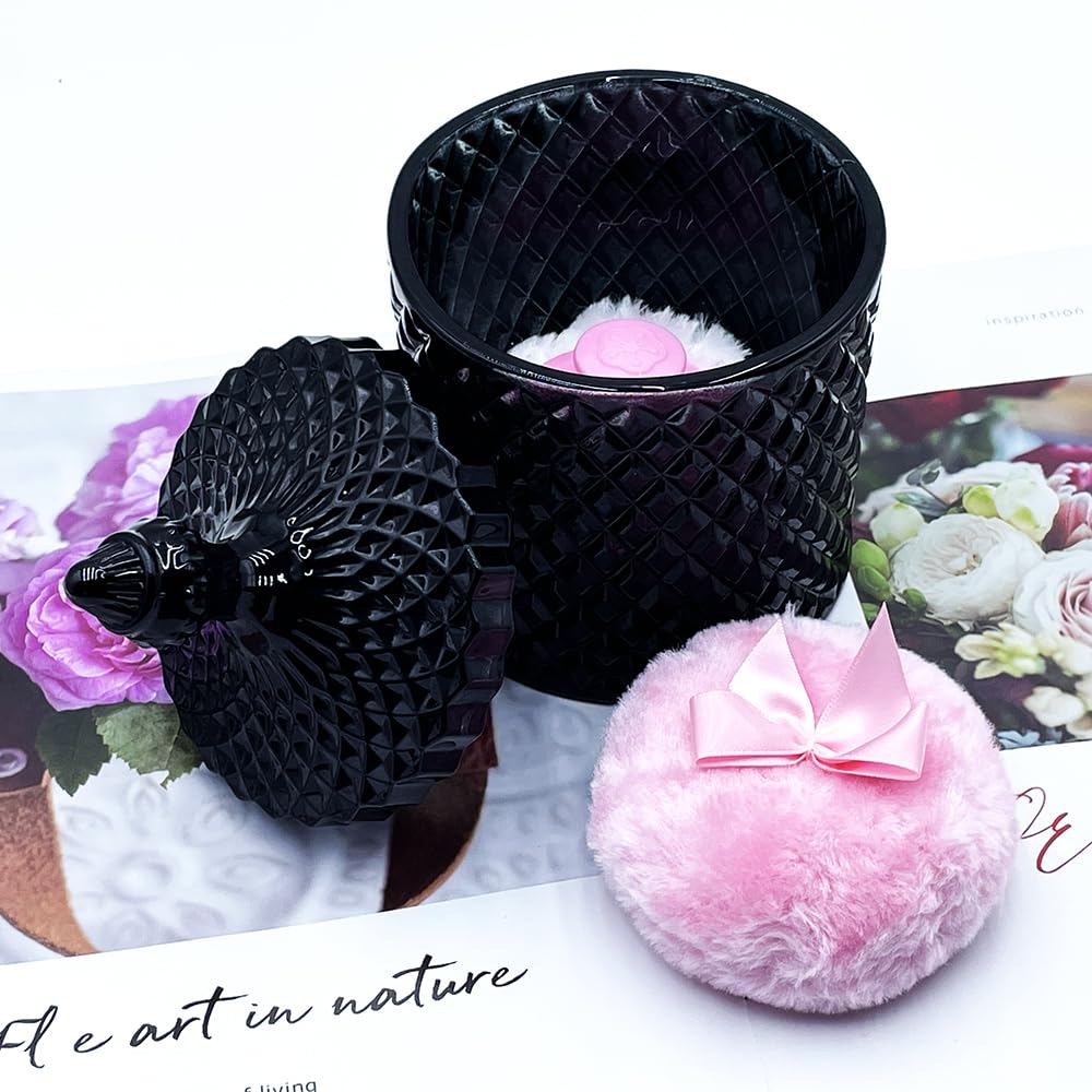 Luxury 4.2 Inch Glass Powder Container with 2 Plush Puffs｜Gothic Vanity Decor Non-Sealed Refillable Organizer for Body Powder&Makeup｜Setting Powder Applicator(Pointed Cylinder-Black-Large)