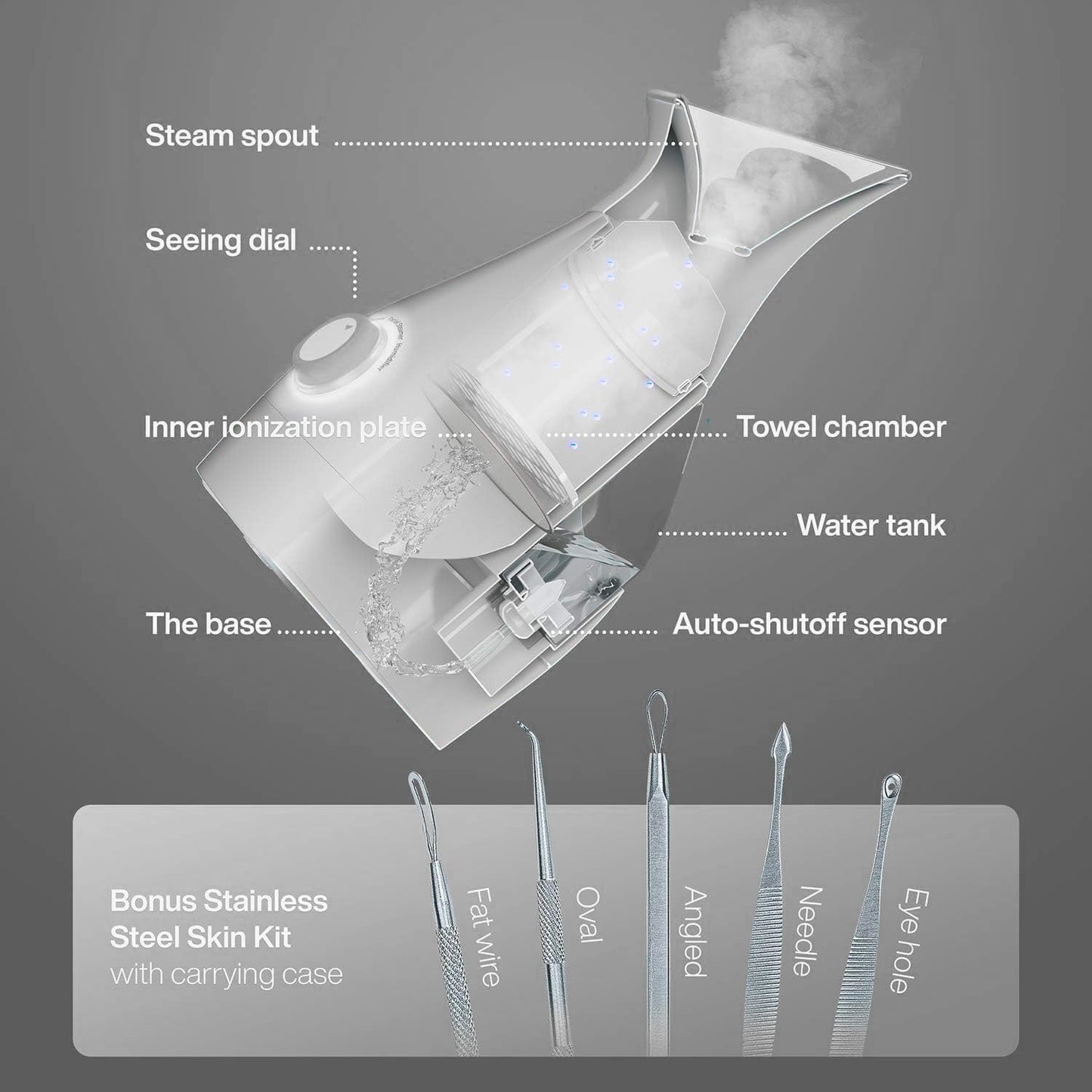 Pure Daily Care NanoSteamer Large 3-in-1 Nano Ionic Facial Steamer with Precise Temp Control - Humidifier - Unclogs Pores - Blackheads - Spa Quality - Bonus 5 Piece Stainless Steel Skin Kit (Silver)