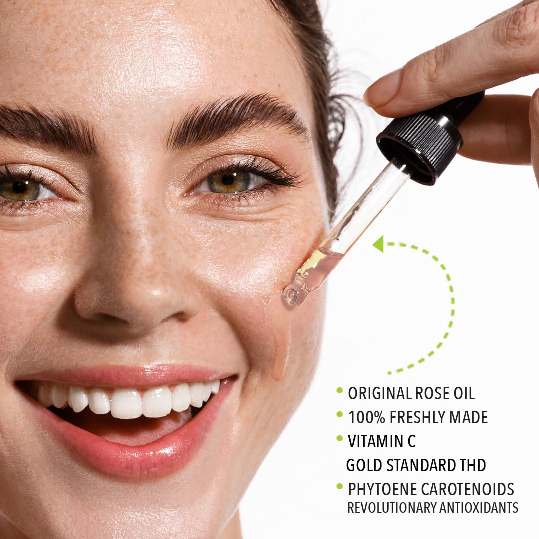 Squalane + Vitamin C Rose Oil Serum | Luxury Hydrating & Brightening Face Oil | With THD Vitamin C, Rosa Damascena & Carotenoids | Freshly Made in USA | 15ml