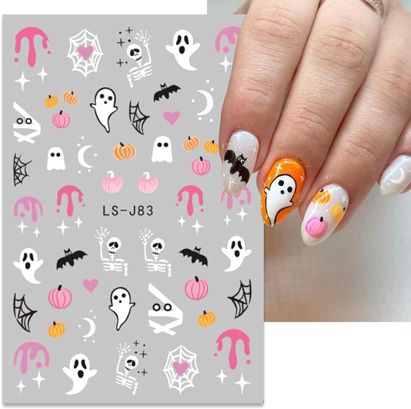 10 Sheets Halloween Nail Art Stickers Decals Cute White Ghost Nail Stickers Pumpkin Bat Spider Web Nails Decal Self-Adhesive Skull Flower Nails Art Decals for Women Halloween Decor