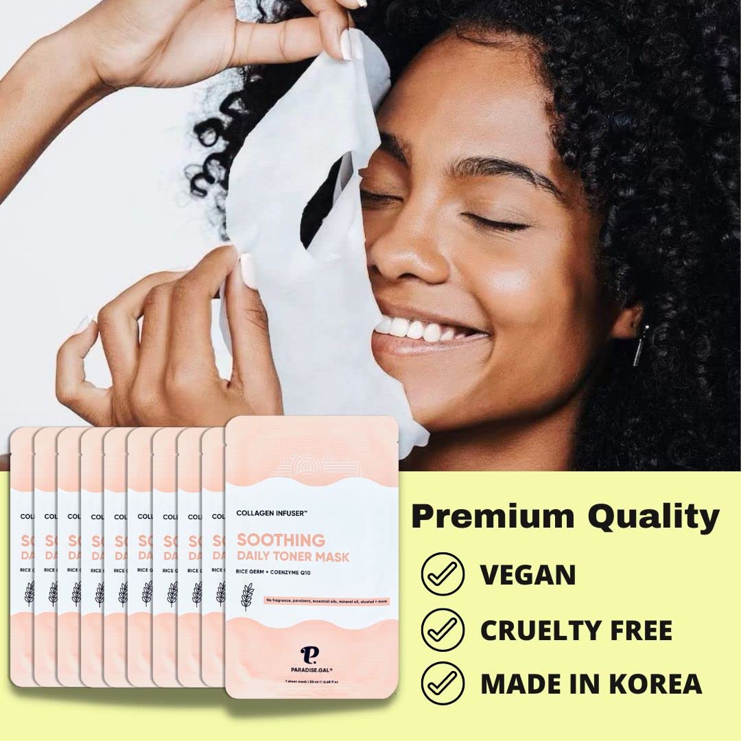 Soothing Face Masks (10-Pack) Korean Skincare Infused with Collagen, Rice, Coenzyme Q10, Niacinamide & Ceramide - Calming Solution for Sensitive Skin
