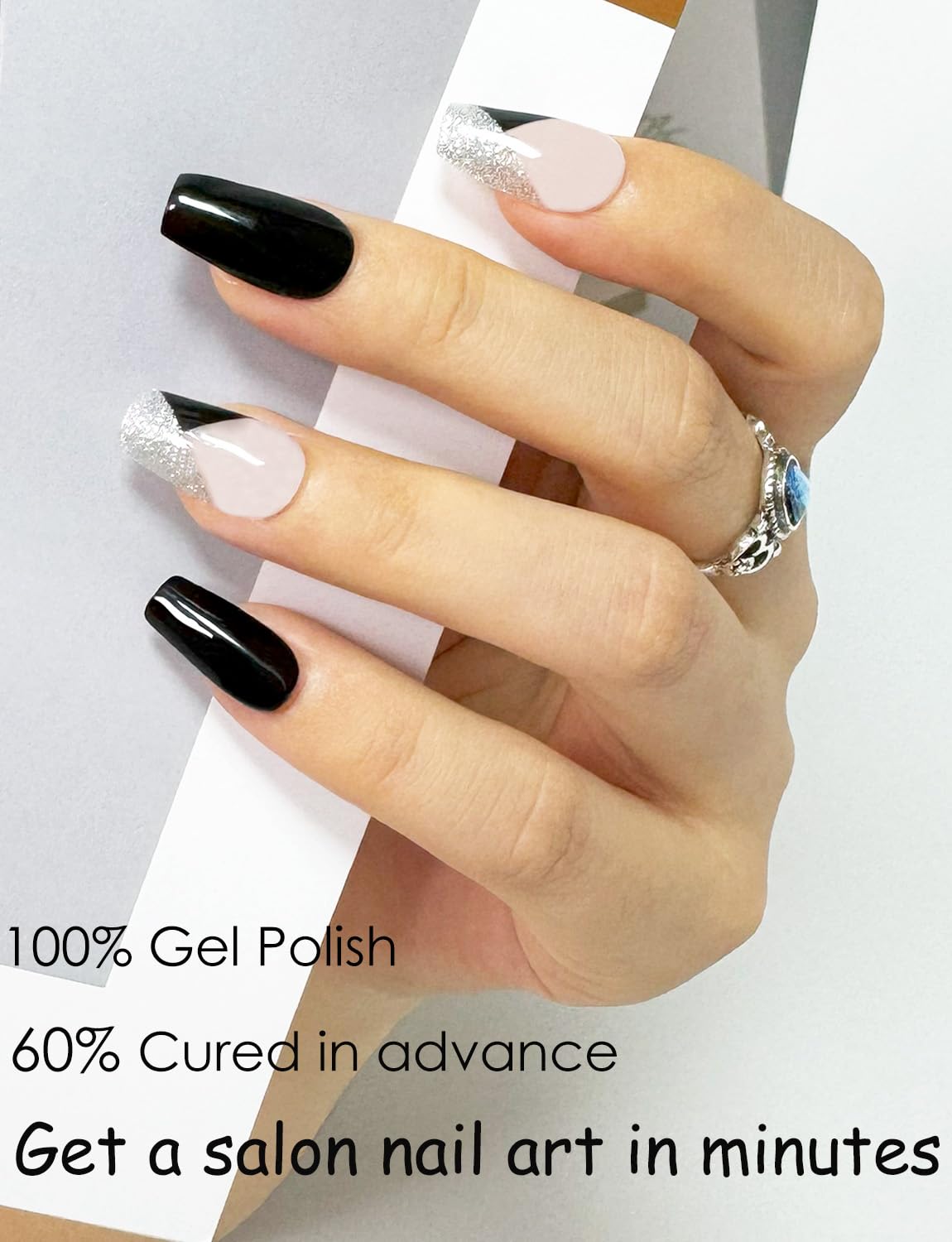Semi Cured Gel Nail Strips - Black Glitter | 20pcs Gel Wraps UV for Home Nails DIY