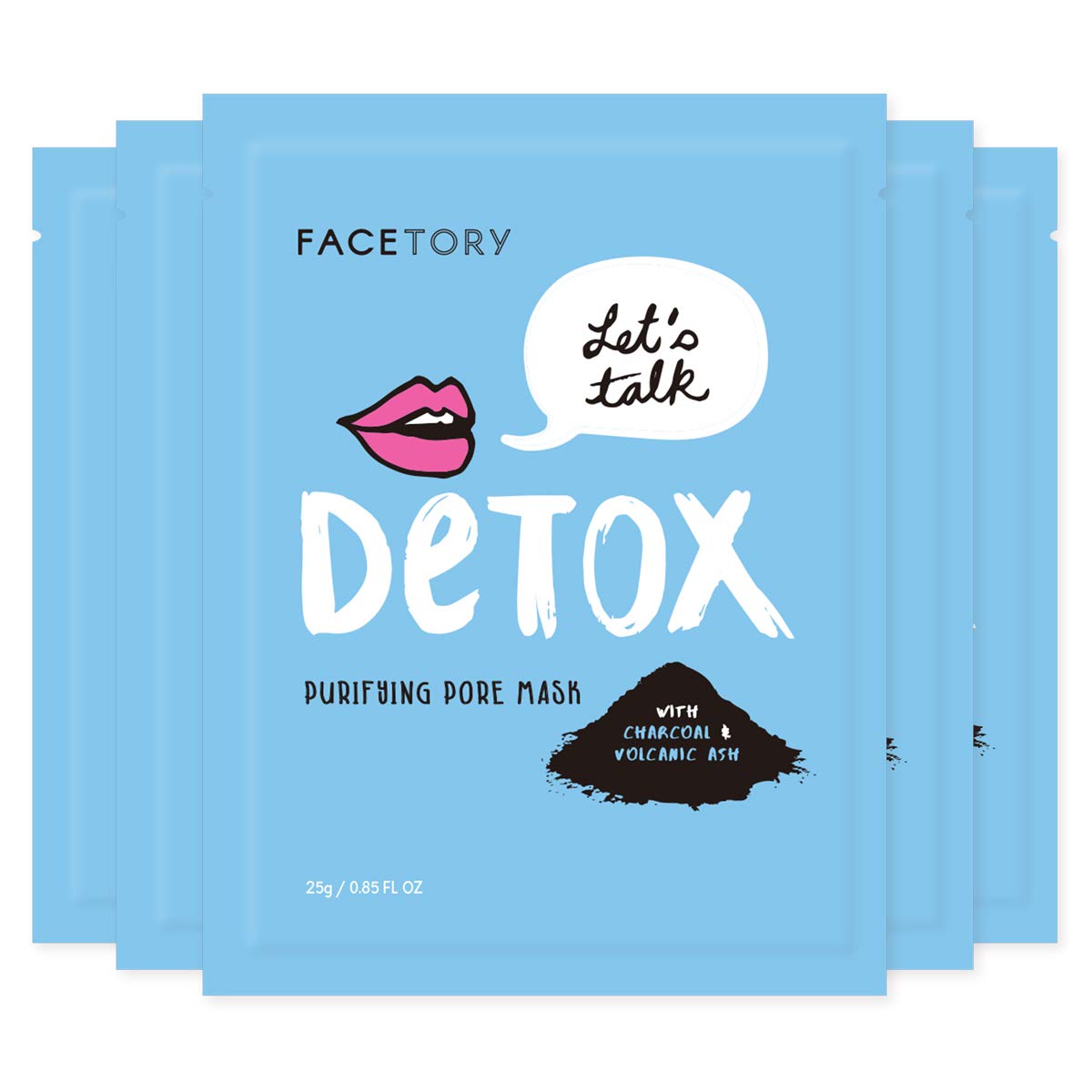 FACETORY K Beauty Face Mask Skin Care - LET'S TALK DETOX PURIFYING Sheet Mask with Charcoal & Volcanic Ash | Pore Refining Charcoal Face Mask (5 Pack)