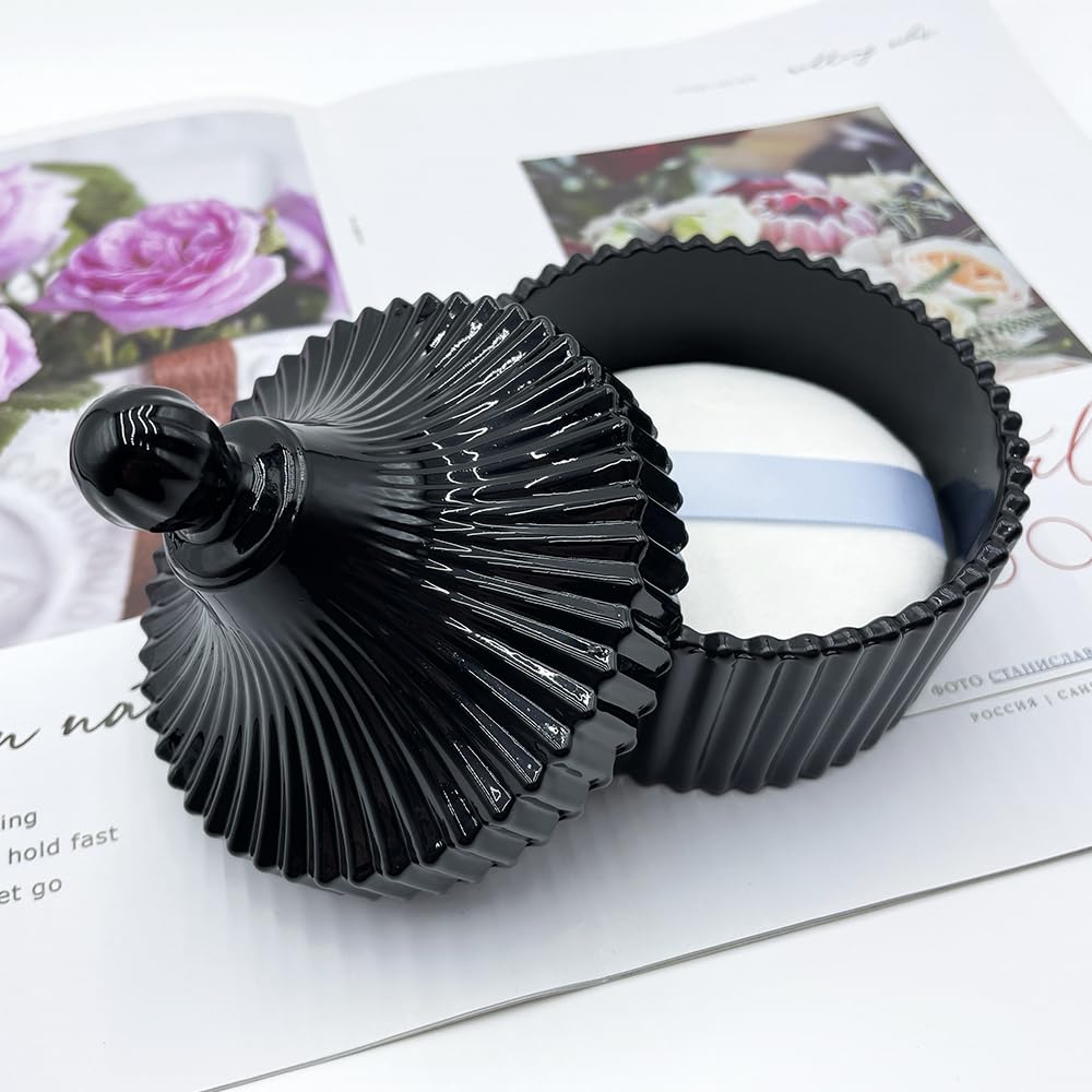 Ultra Soft Powder Puff and Container 3.3" High Density Velvet Dusting Washable Reusable Powder Puff,Body Powder Puff and Glass Jar Holder Loose Powder Box with Puff for Face Makeup(Black)