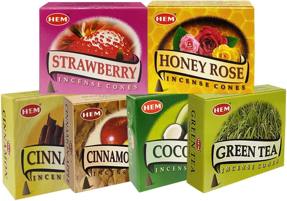 Hem Incense Cones Variety Pack #5 and Cone Incense Burner Bundle with 6 Most Sought-After Fragrances