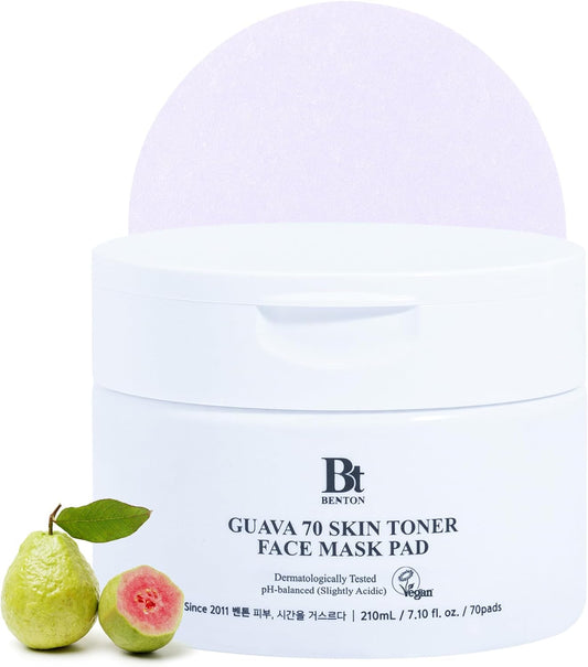 BENTON Guava 70 Skin Toner Face Mask Pad Moisturizer Hyaluronic Acid Soothing Calming Relief Pore Care for Dry Sensitive, All Skin Types Dewy Luminous Skin, Non-Drying Toner Pads, Korean Skin Care