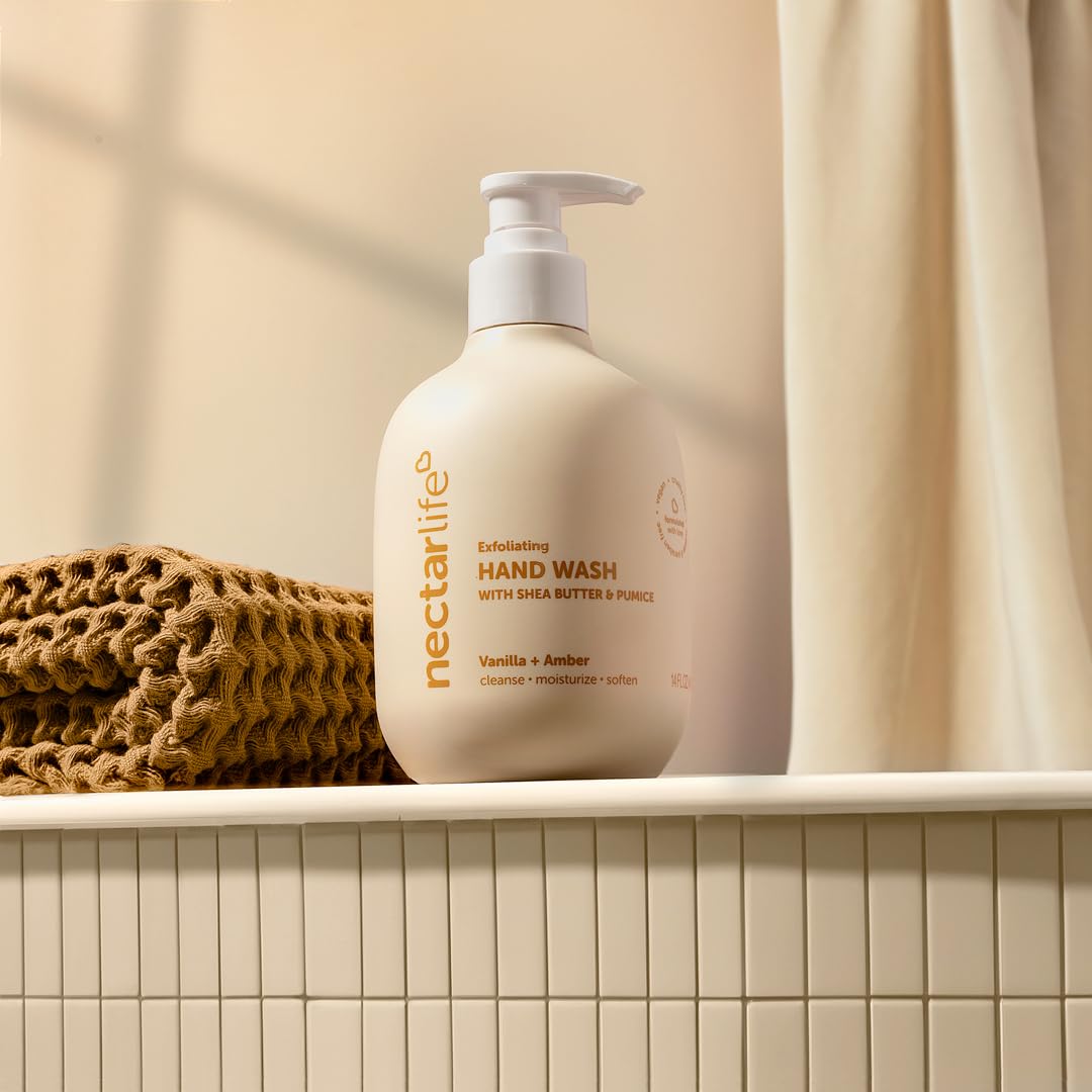 Nectar Life Exfoliating & Moisturizing Hand Wash 3-Pack, Volcanic Pumice for Hand Scrub, Shea Butter Softens Hands, Clean Vegan Ingredients, Vanilla Scent