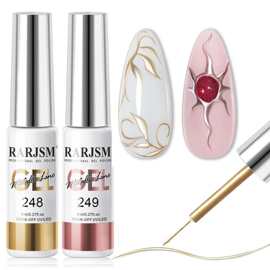 RARJSM Metallic Chrome Gel Liner Nail Art 3D Mirror Bronze Gold Rose Gold Effect Gel Nail Polish 8ml Painting Build in Thin Brush Metal Painted Drawing Striper GelPolish Curing Requires Home Salon