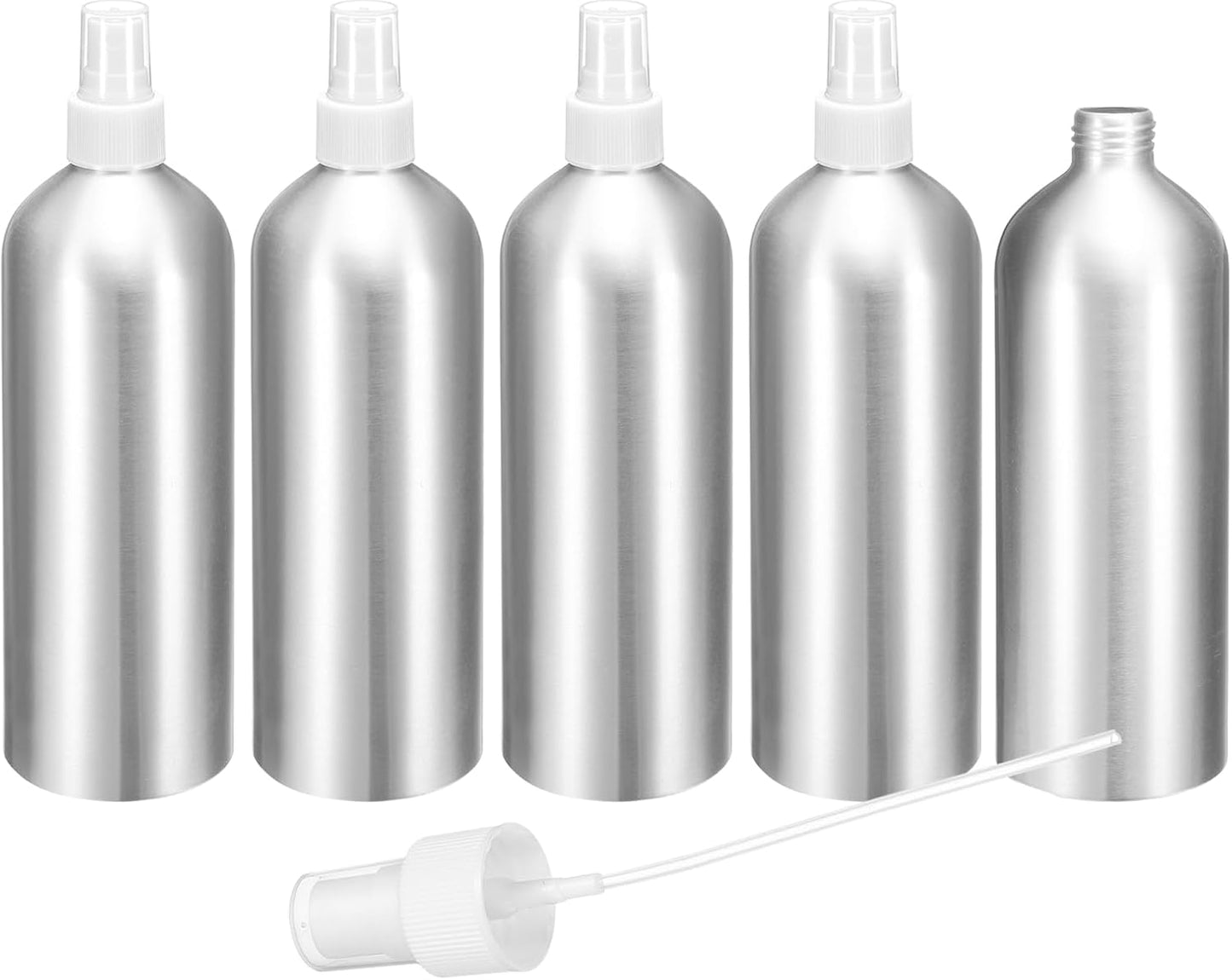 HARFINGTON 5pcs Aluminum Fine Mist Spray Bottles 500ml/16oz Metal Small Liquid Alcohol Refillable Travel Container with White Plastic Nozzle Cap for Perfume Skincare Cosmetic Storage Bottle