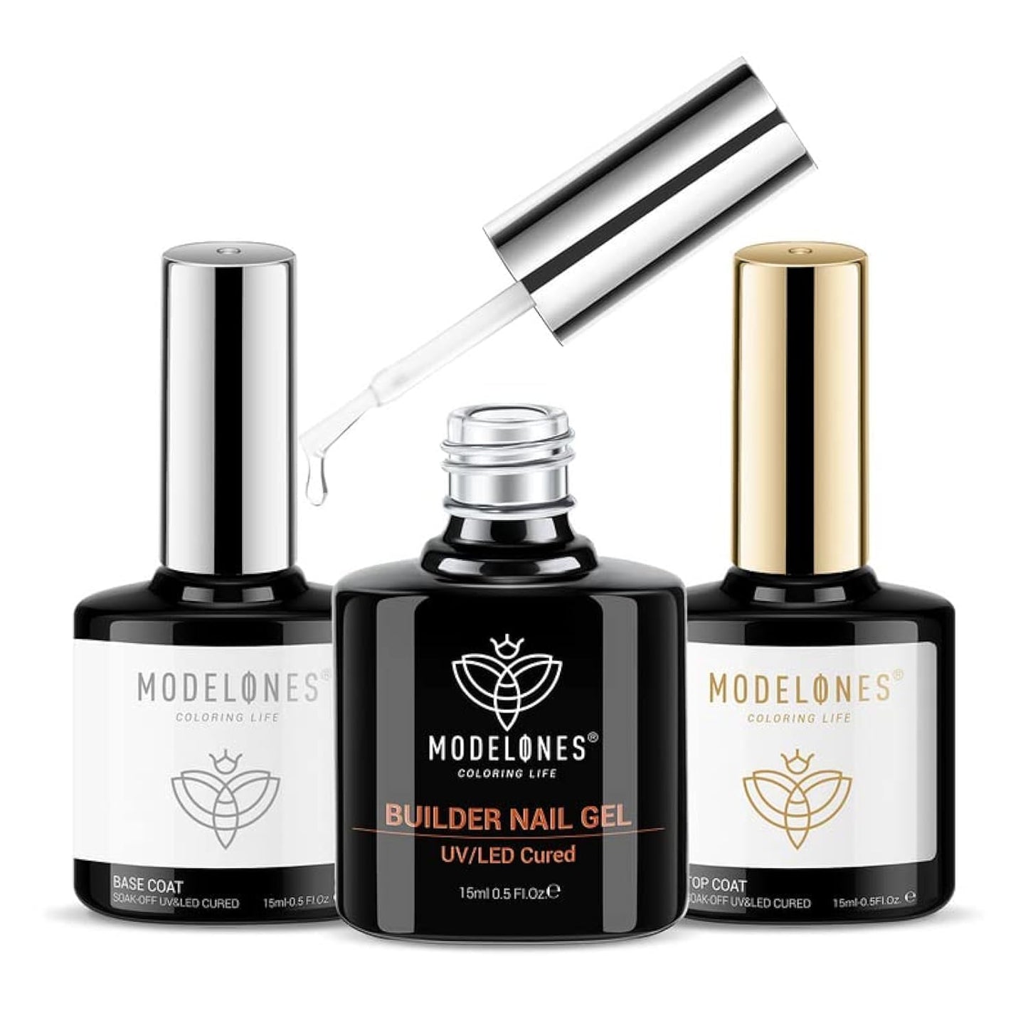 modelones Builder Nail Gel with Gel Top Coat, 3Pcs Clear Builder Nail Kit for Thickening Apex Building Extension Rhinestone Gel Tips Glue, U/V LED Lamp Cured for Home DIY Salon Girls