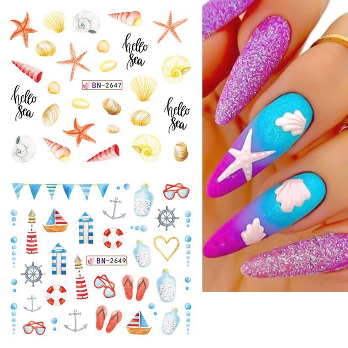 Summer Nail Art Stickers 12 Sheets Seashell Starfish Water Transfer Foils Decals Jellyfish Shells Sea Turtles Seahorses Design Acrylic Ocean Theme Supplies for Women DIY Decor