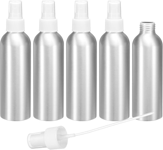 HARFINGTON 5pcs Aluminum Fine Mist Spray Bottles 150ml/5oz Metal Small Liquid Alcohol Refillable Travel Container with White Plastic Nozzle Cap for Perfume Skincare Cosmetic Storage Bottle