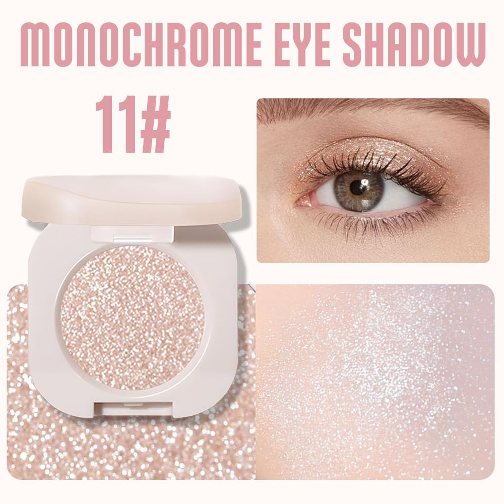 Pear White Shimmer Single Eyeshadow, Natural Warm Champagne Gold Glitter Eyeshadow Palette Makeup, Highly Pigmented Long Lasting Shimmer Shiny Pressed Powder for Women, Vegan & Cruelty-free 11