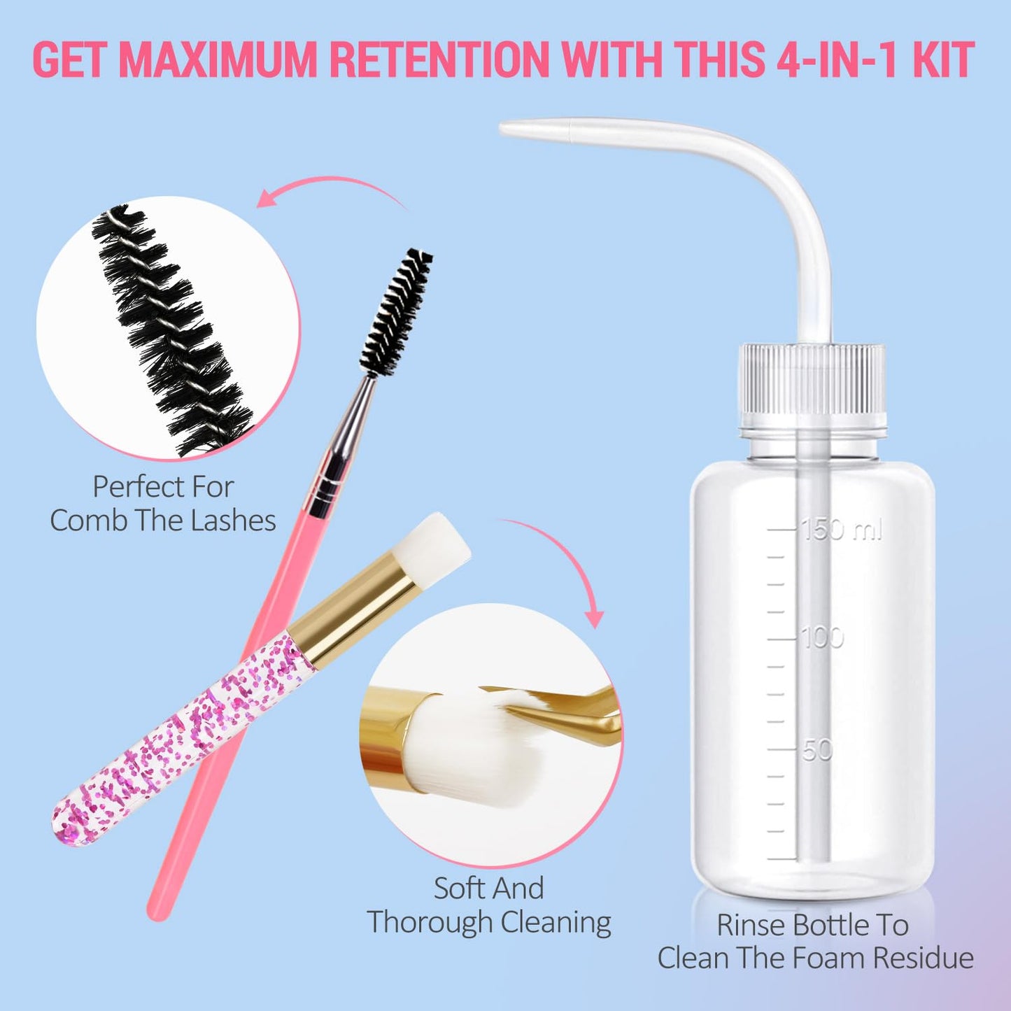 EMEDA Lash Shampoo Kit - 3.38 fl.oz / 100ml Gentle Foam Lash Cleanser, Oil-Free Cleaning for Wash Extension/Natural Eyelash Bath with Rinse Bottle Brush (Peach)