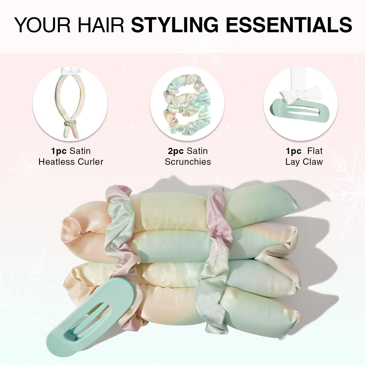Kitsch Holiday Hair Hero XL Satin Heatless Styling & Flat Lay Claw - Heatless Curls & Waves, Extra Large Curling Rods, Satin Scrunchies & Claw Clip for Hair Protection, Gifts for Women- 4pc set, Aura