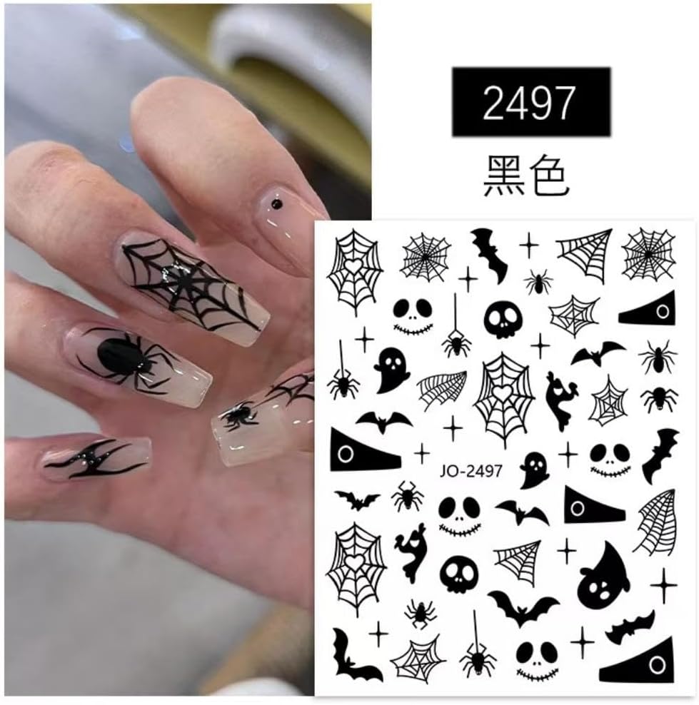 12 Sheets Halloween Stickers Spider Web Nail Art Decals 3D Self-Adhesive Halloween Decor Nail Supplies Charm Sticker Ghost Skull Bat Nail Art Stickers for Women Kid Girls Halloween DIY Decoration