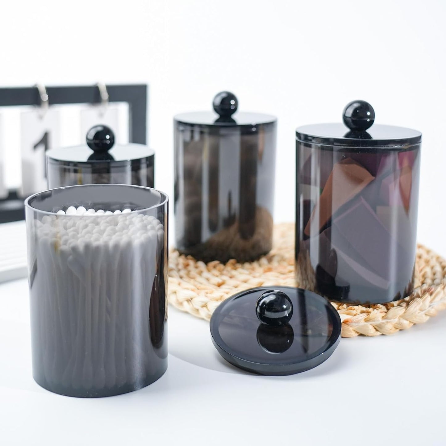 6 Pack Qtip Holder,Canister Apothecary Jar Set, Bathroom Jars with Lids Set for Cotton Swabs, Balls, Pads, Floss Picks,10oz-12oz Plastic Canisters Restroom Bedroom Vanity Organizer(Black)