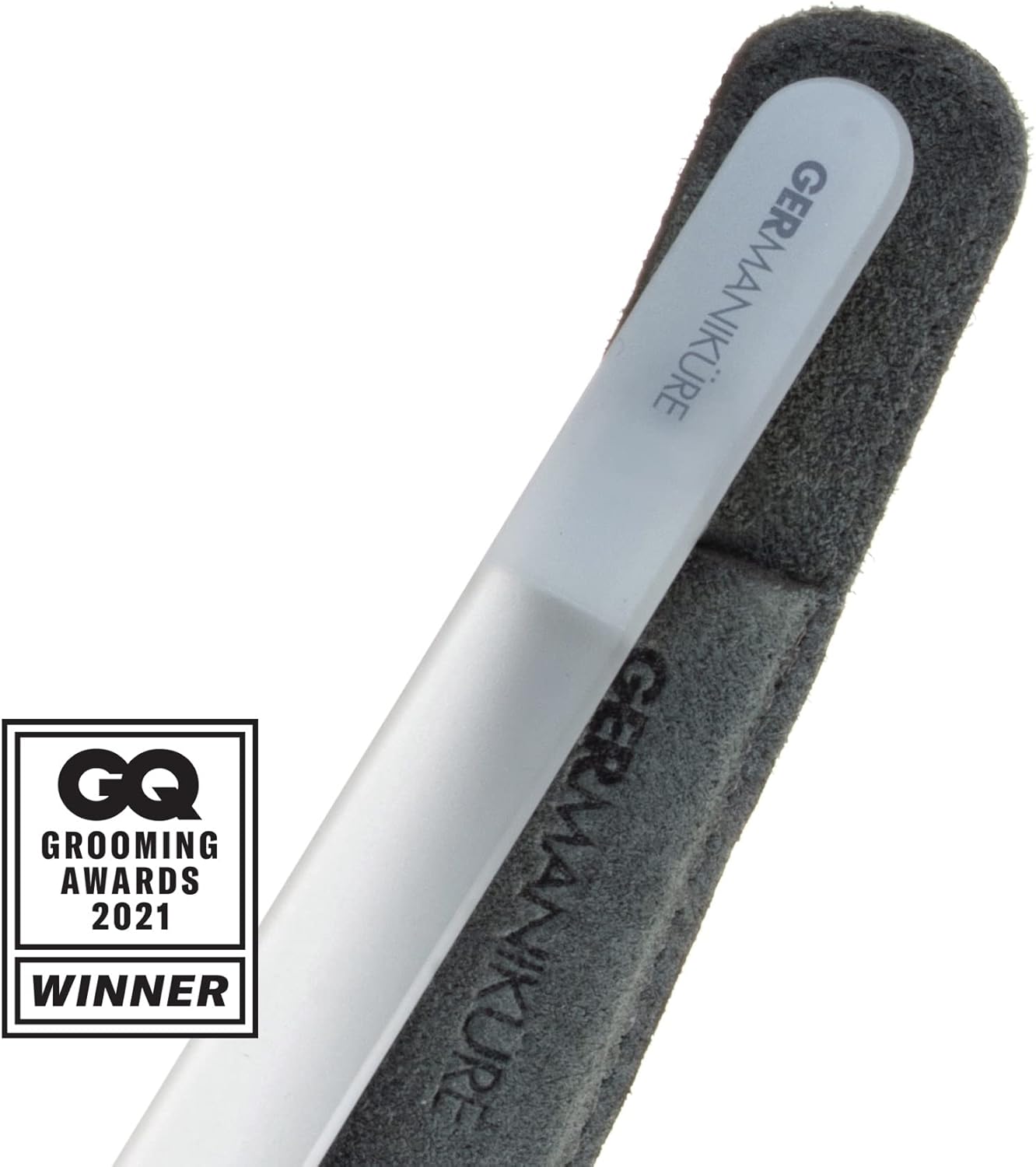 GERMANIKURE Gray Crystal Glass Nail File Set in Light Blue Leather Case – Handmade in Czech Republic – Professional Manicure & Pedicure Supplies – Glass Cuticle Stick, Pusher, Moon File
