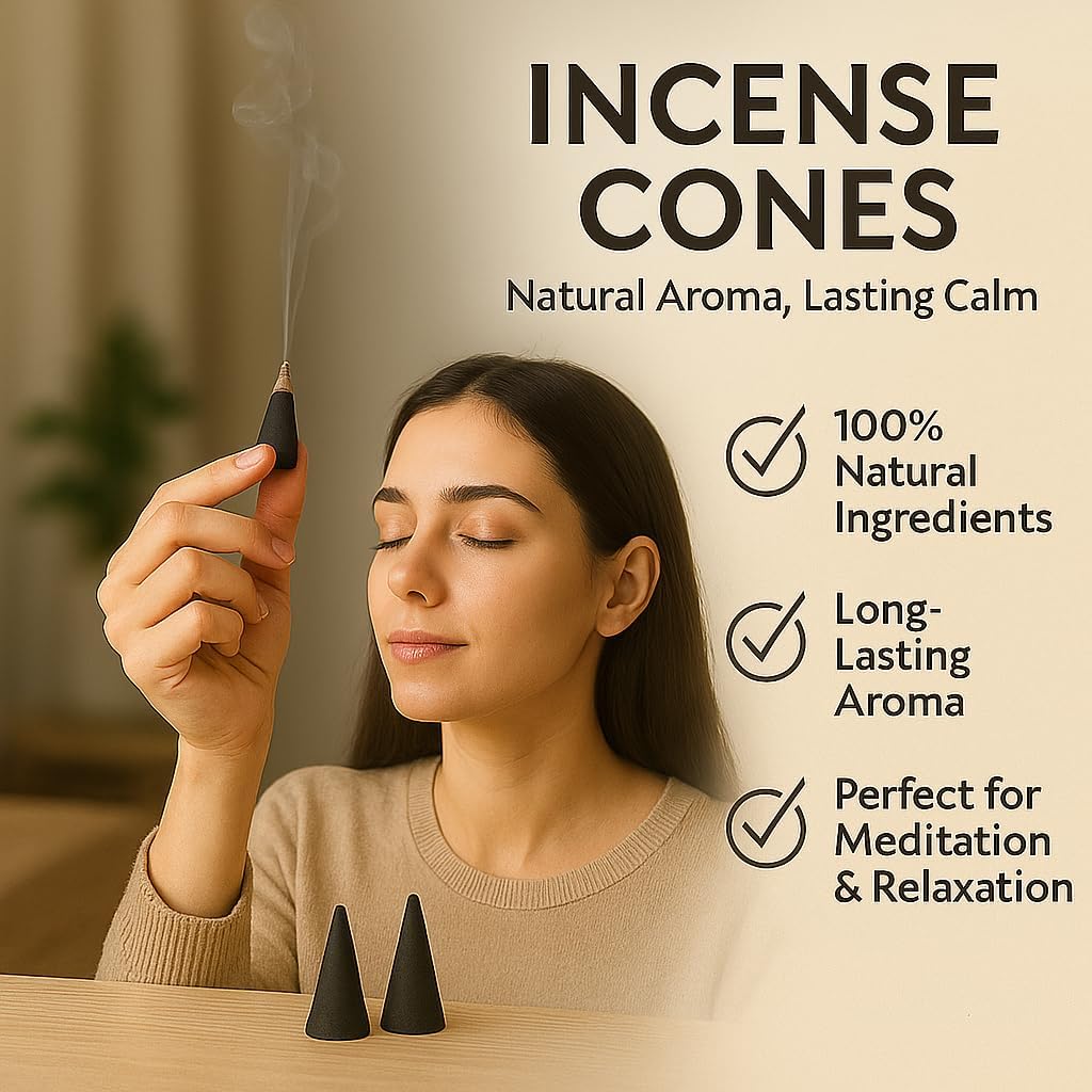 Yajna Nag Champa 100%-Natural-Incense-Cones Handmade-Hand-Dipped Organic-Chemicals-Free for-Purification-Relaxation-Positivity-Yoga-Meditation The-Best-scents (60 Count)