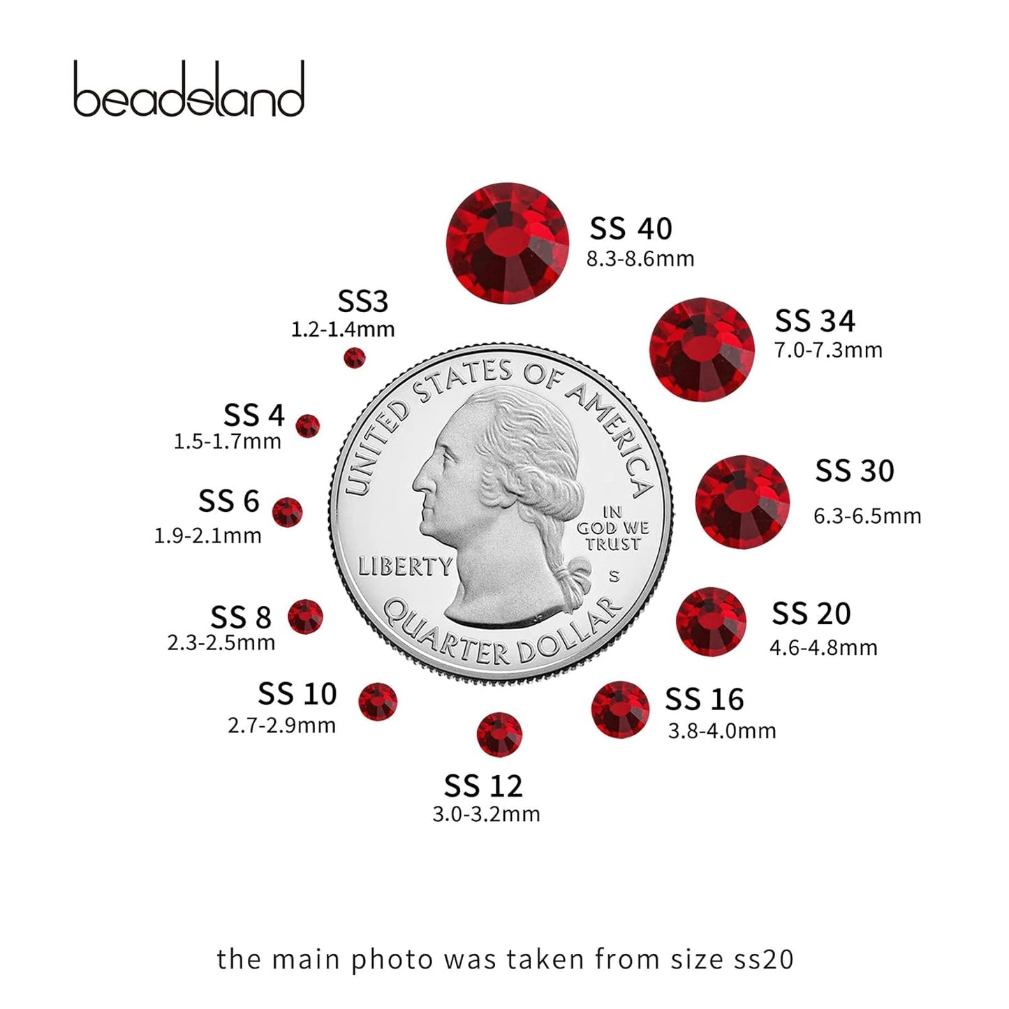 beadsland 1440 Piece Flat Back Crystal Rhinestones Round Gems,1.3mm-6.5mm,Dark Siam(SS16(3.8-4.0mm))