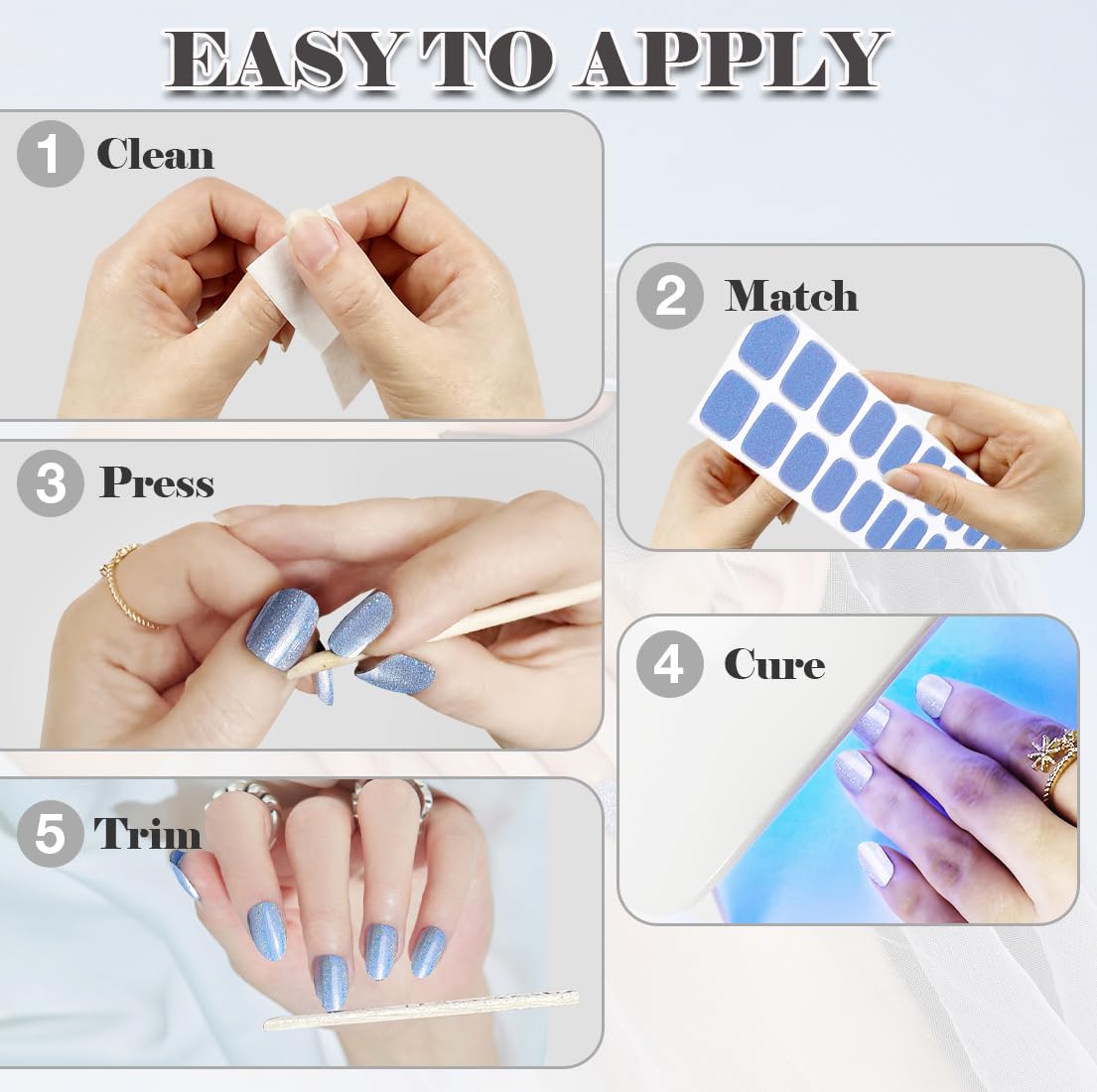 Semi Cured Gel Nail Strips, 20 pcs Gel Nail Stikers, Gel Nail Wraps Semi Cured, Salon-Quality, 2 Weeks Long Lasting