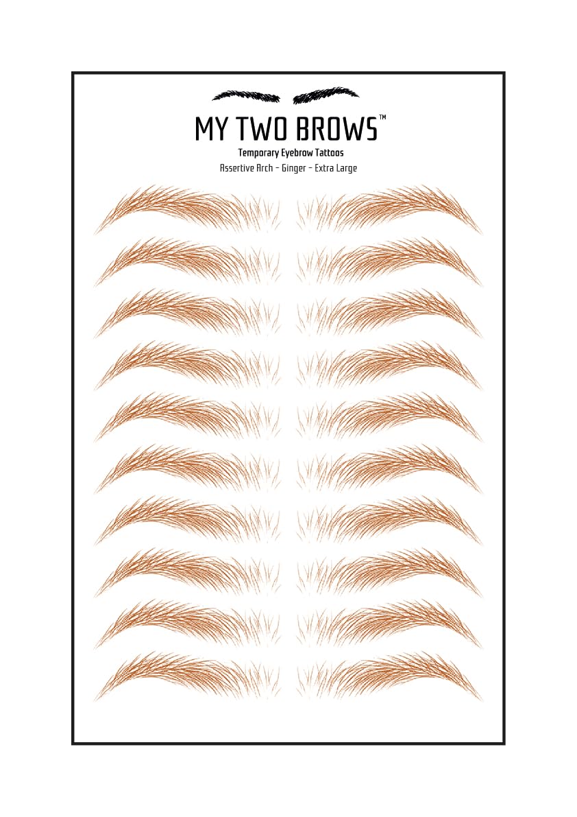 (10 pairs) Ginger Temporary Eyebrow Tattoo - Extra Large Size - Waterproof & Smudgeproof - Assertive Arch Style Eyebrow Stickers - Sheet Lasts up to 30 Days - Won't Work on Existing Brows