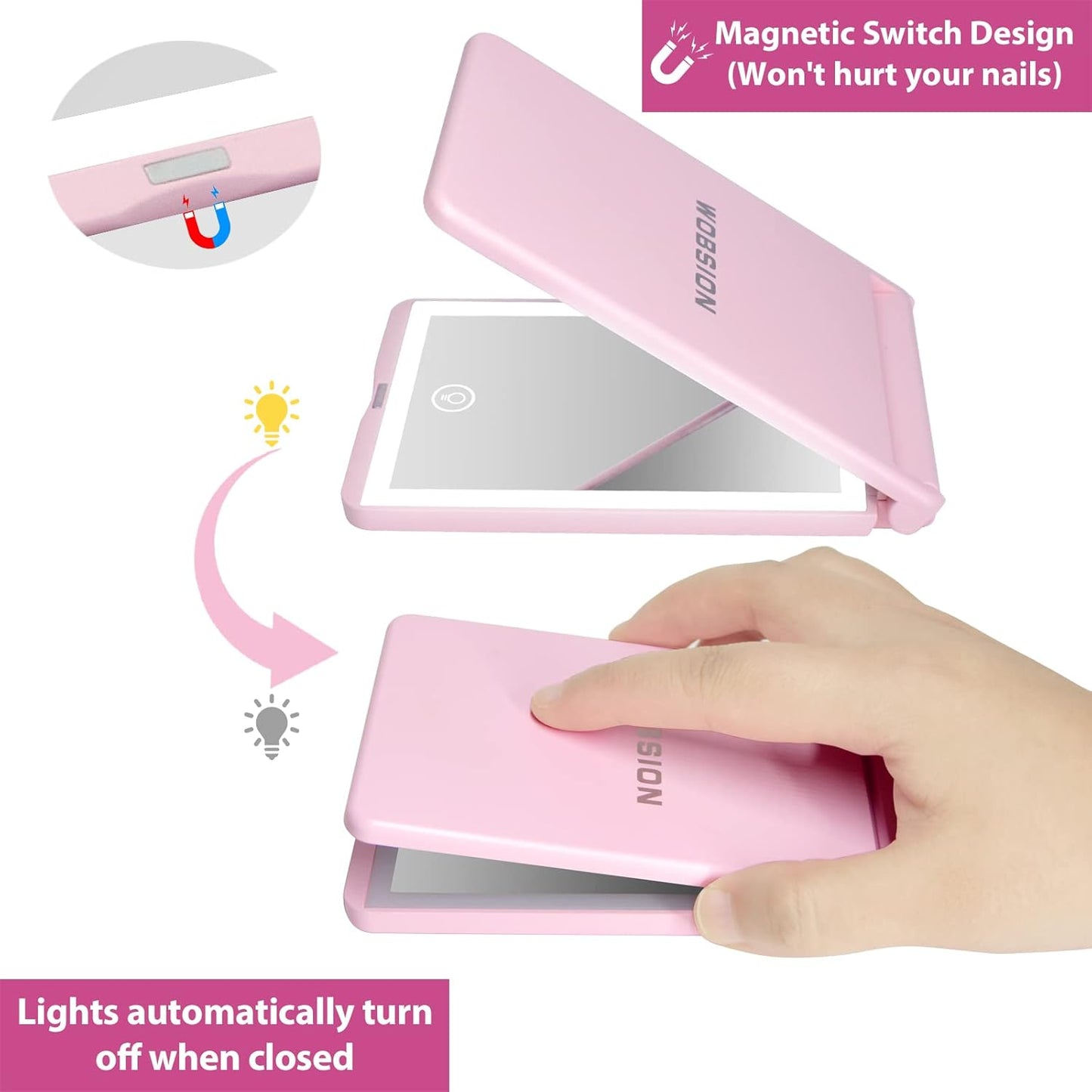 WOBSION Lighted Compact Mirror, Rechargeable Travel Makeup Mirror with Light,1x/3x Magnifying,300°Flip Folding Portable Mirror, 2-Sided Magnetic Switch Handheld Mirror,Dimmable,Gifts for Girls