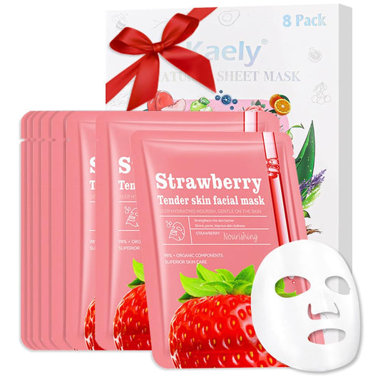 8 Pack Strawberry Kids Face Mask,Pink Face Masks Skincare Spa Day Kit Supplies,Spa Party Favors for Teens Girls Women,Sheet Facial Mask Skincare Gifts Set,Moisturize Soothe for All Skin Types