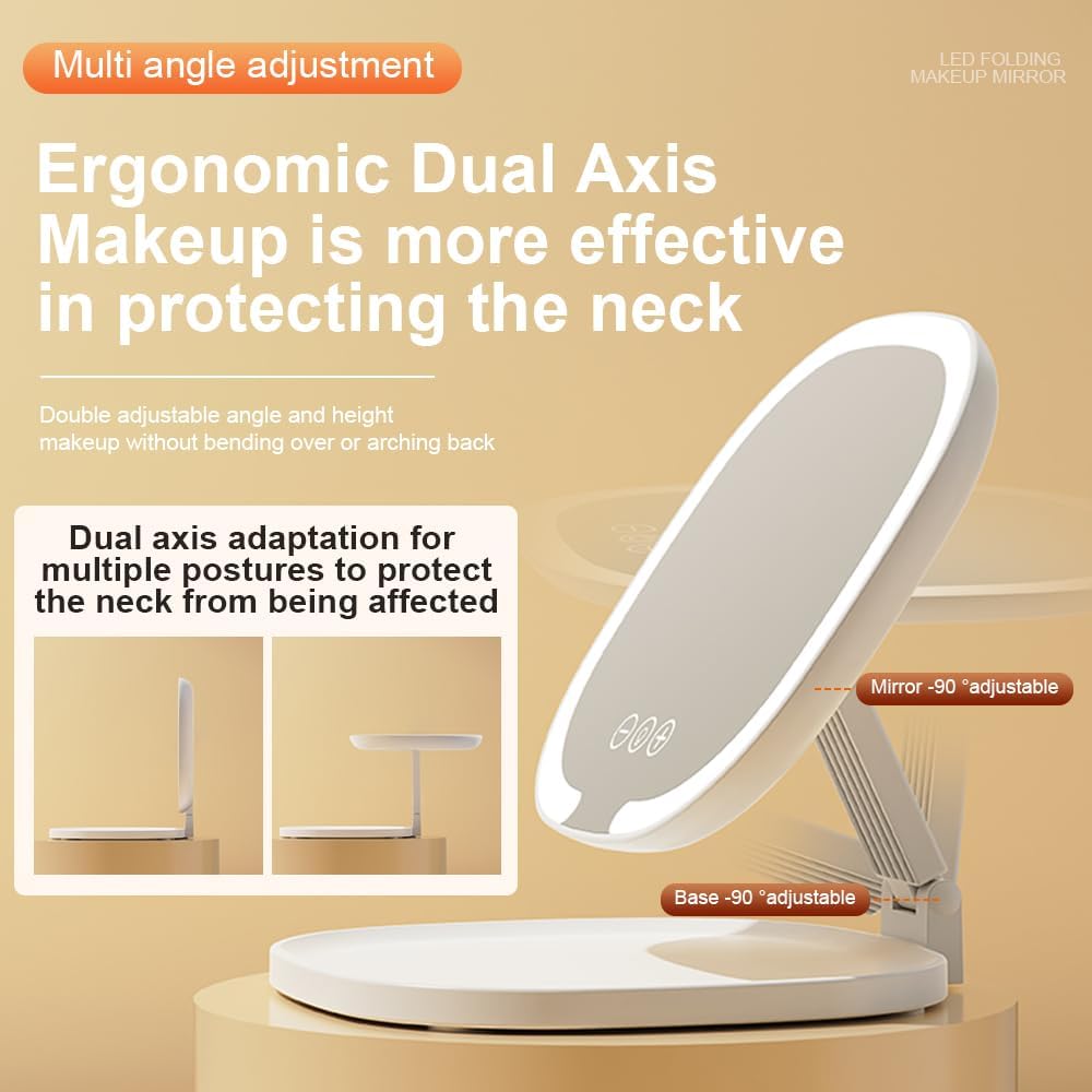Rechargeable LED Travel Makeup Mirror, 3-Color Lighting, Dimmable Touch Screen, Multi Angle Adjustable, Foldable and Portable Desktop Vanity Mirror with Storage Tray(Pink)