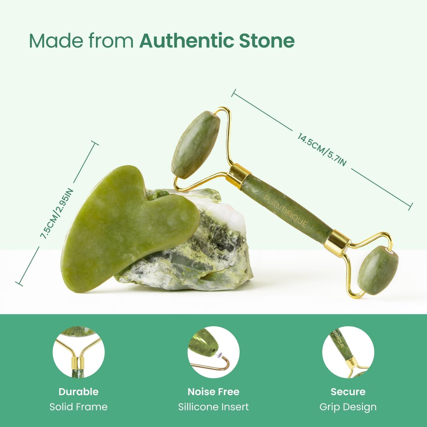 PLANTIFIQUE Jade Roller & Gua Sha Set – Real Jade Facial Tools for Skin Care Routine – Certified Face Massager for Radiant Skin