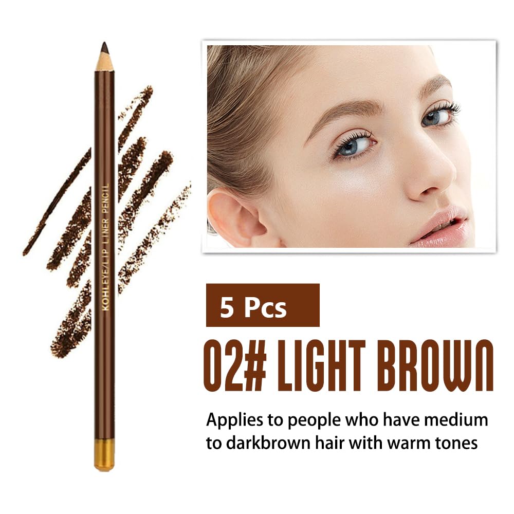 5Pcs Wooden Hard-Core Eyebrow Pencils for Women, Light Brown Eyebrow and Eyeliner Pencil, Long Lasting Waterproof and Sweat-Proof, Beginner Makeup Brow Pencil, Create a Natural Eye Brow