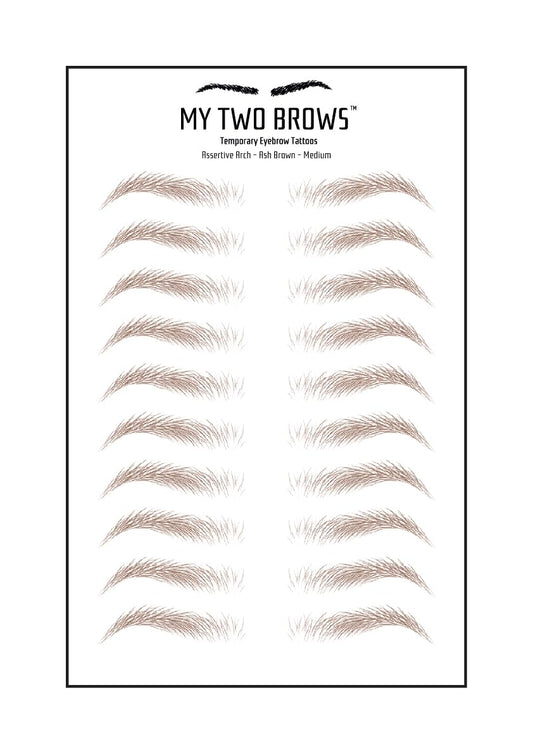 (10 pairs) Ash Brown Temporary Eyebrow Tattoo - Medium Size - Waterproof & Smudgeproof - Assertive Arch Style Eyebrow Stickers - Sheet Lasts up to 30 Days - Won't Work on Existing Brows