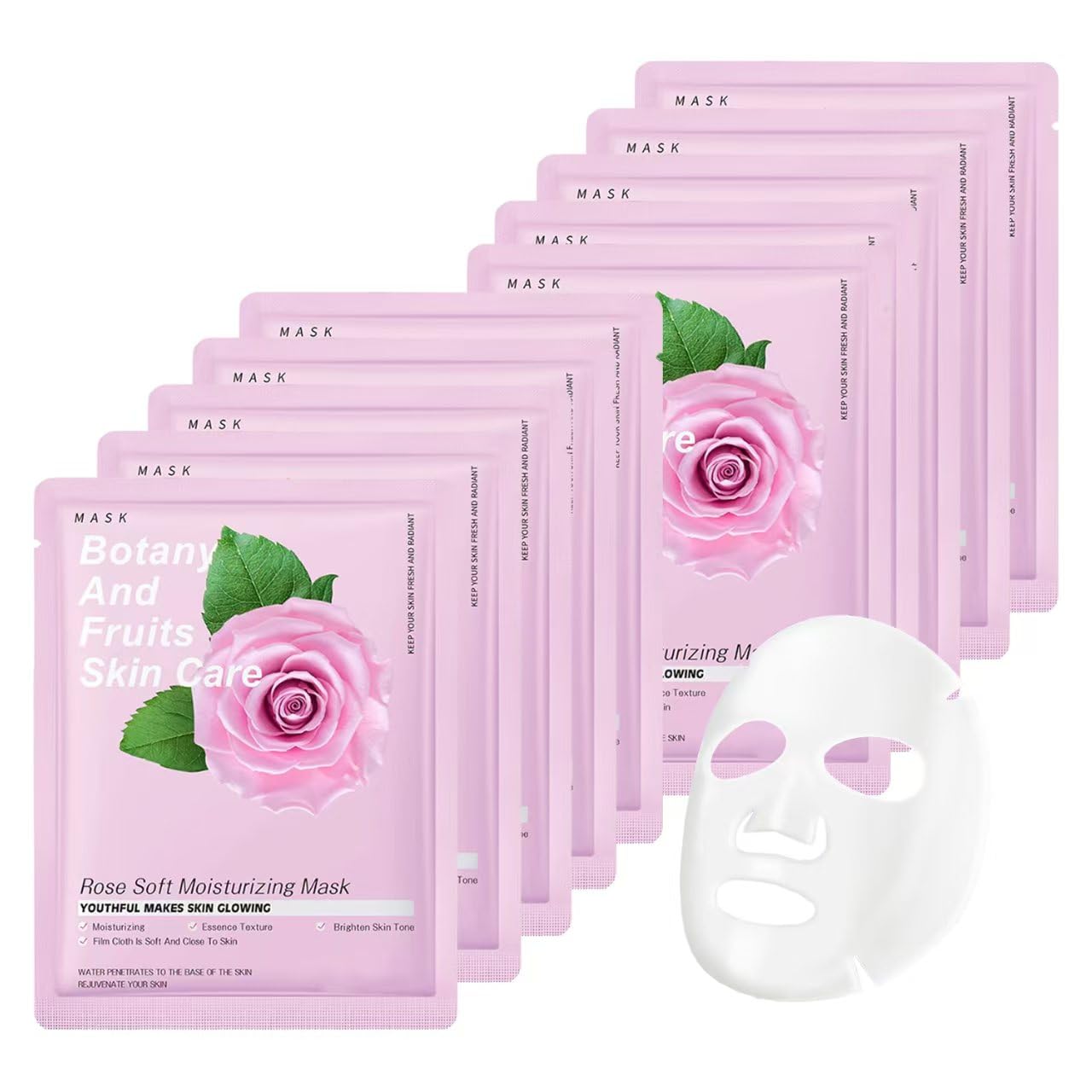 Face Masks Skincare Rose Moisturizing Facial Mask, Pack of 10 Hydrating Beauty Rose Sheet Masks for All Skin Types Spa Gift for Women Facial Mask Sheet