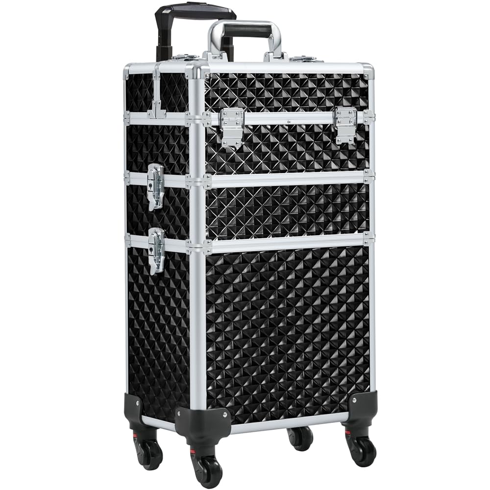 Yaheetech Rolling Makeup Train Case 3 in 1 Cosmetic Case Professional Makeup Suitcase Large Aluminum Cosmetic Trolley with Swivel Wheels and Key, Diamond Pattern- Black