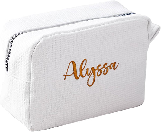GOPHIE Personalized Embroidered Makeup Bag,Custom Waffle Fabric Cosmetic Pouch for Women, Travel Makeup Pouch (1, White)