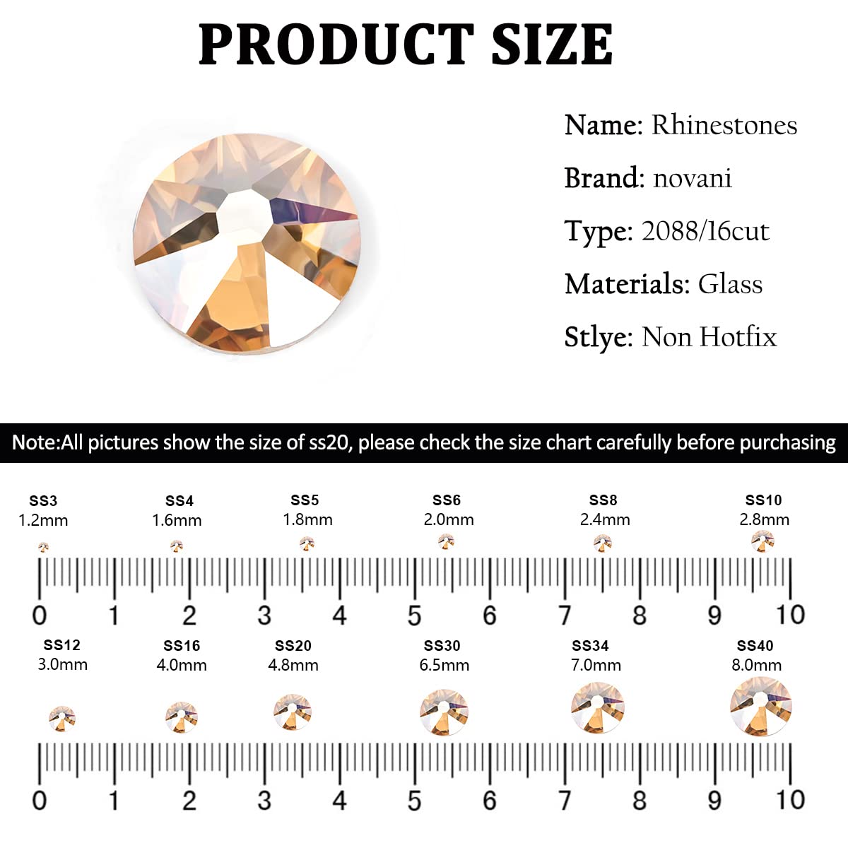 Novani Golden Shadow Rhinestones 1440pcs Flat Back Round Rhinestone Style 2088 Sparkly Crystal Gemstones for Nail Art and Crafting SS10,2.7-2.9mm