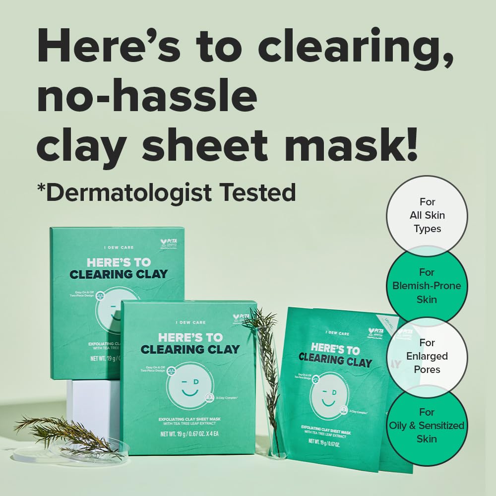 I DEW CARE Face Sheet Mask - Here's To Clearing Clay | Daily Exfoliate, Decongest, Minimize Pores, Soothe, Infused with 3-Clay Complex, Tea Tree, Centella Asiatica, Moisturizing, 4ea