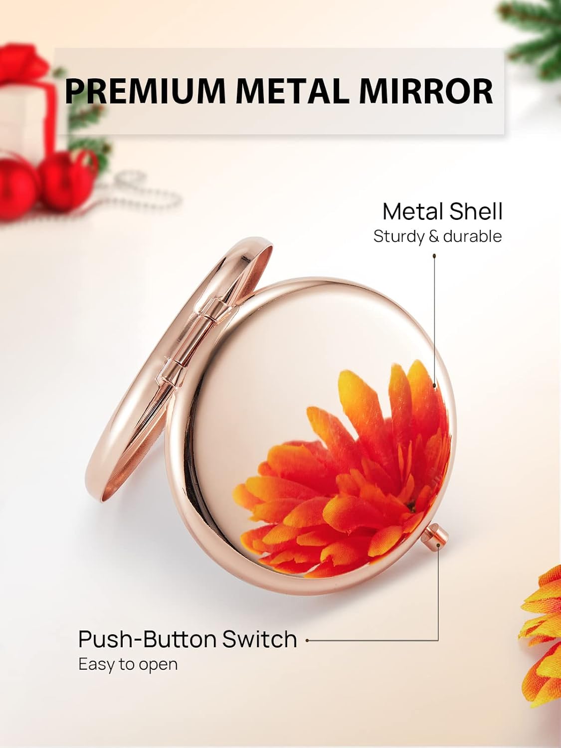 Compact Mirror Bulk, Set of 2 Double-Sided 1X/2X Magnifying Purse Pocket Makeup Mirrors(Round, Rose Gold and Black)