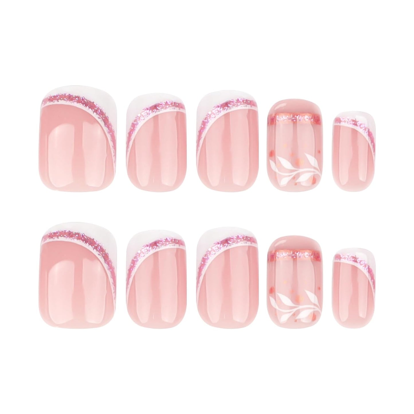French Press On Nails Short Square, Nude Fake Nails with White French Tip and Minimalist Purple and Gold Line Design, Glossy Gel Finish Acrylic Nails, Natural Reusable Glue On Nails Kit for Women
