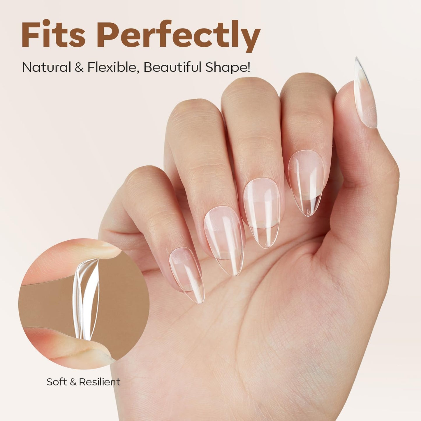 modelones Short Almond Nail Tips, Pre-shaped Soft Gel Tips Fake Nails False Acrylic Clear Full Cover Press on Extension Kit Gel Manicure DIY at Home 216PCS 12Sizes