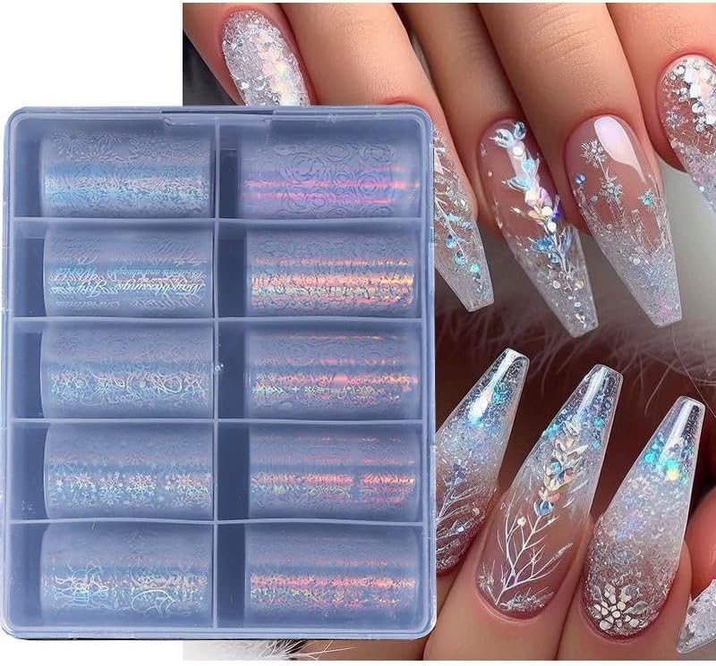 Christmas Nail Foil Transfer Stickers 10 Rolls Silver Snowflakes Skull Nails Stickers White Bunch Nail Foils 1 Box Colorful Starry Sky Paper Nail Decals Christmas Nails Art Sticker Nails Art Decals