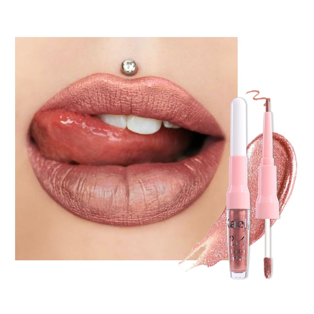 Kaely 2-in-1 Bronze Gold Metallic Lipstick and Lip Liner, Shimmer Liquid Metallic Lipsticks for Women, Glitter Lip Gloss Stain Long Lasting Waterproof Smudge Proof 24 Hour, Vegan Makeup, 14