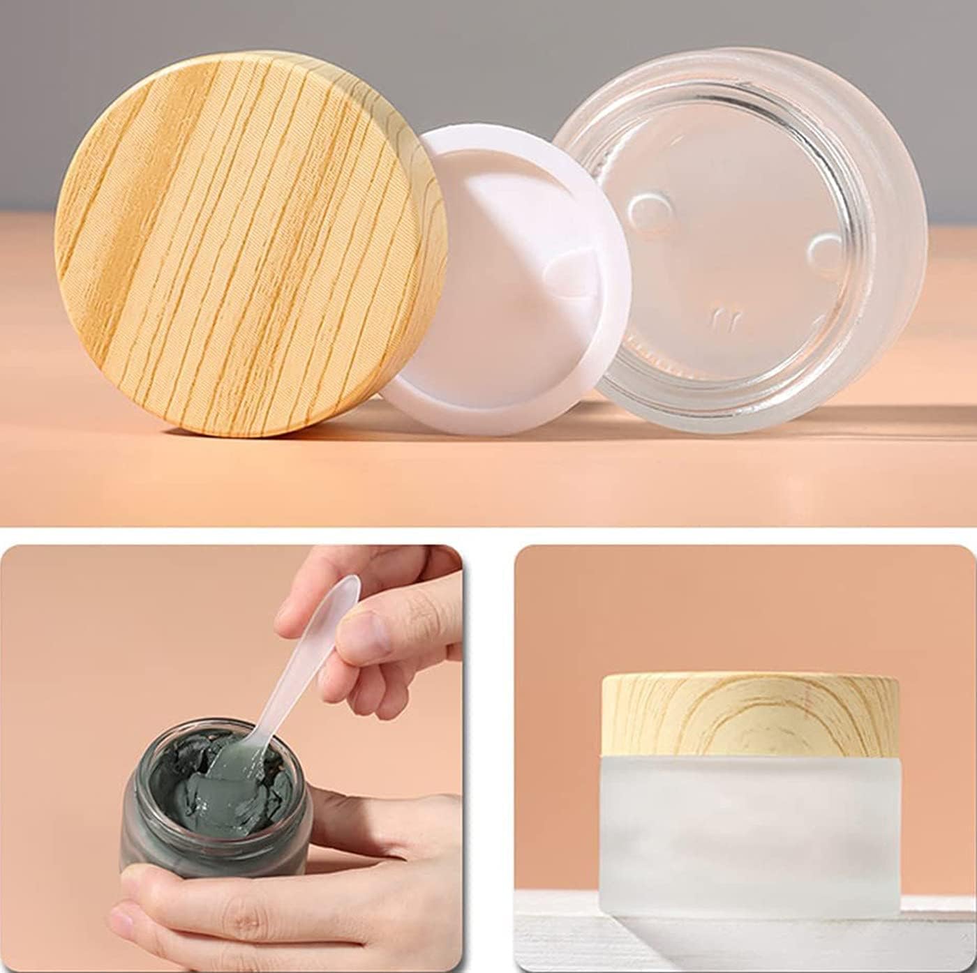 50 Gram/50 ml Empty Sample Jars Round Frosted Glass Bottle Cosmetic Cream Jar Wood Grain Lid Cosmetic Container Glass Cream Box Refillable Cream Pot Jars for Lip Balm Lotion Eyeshadow,4 Pack