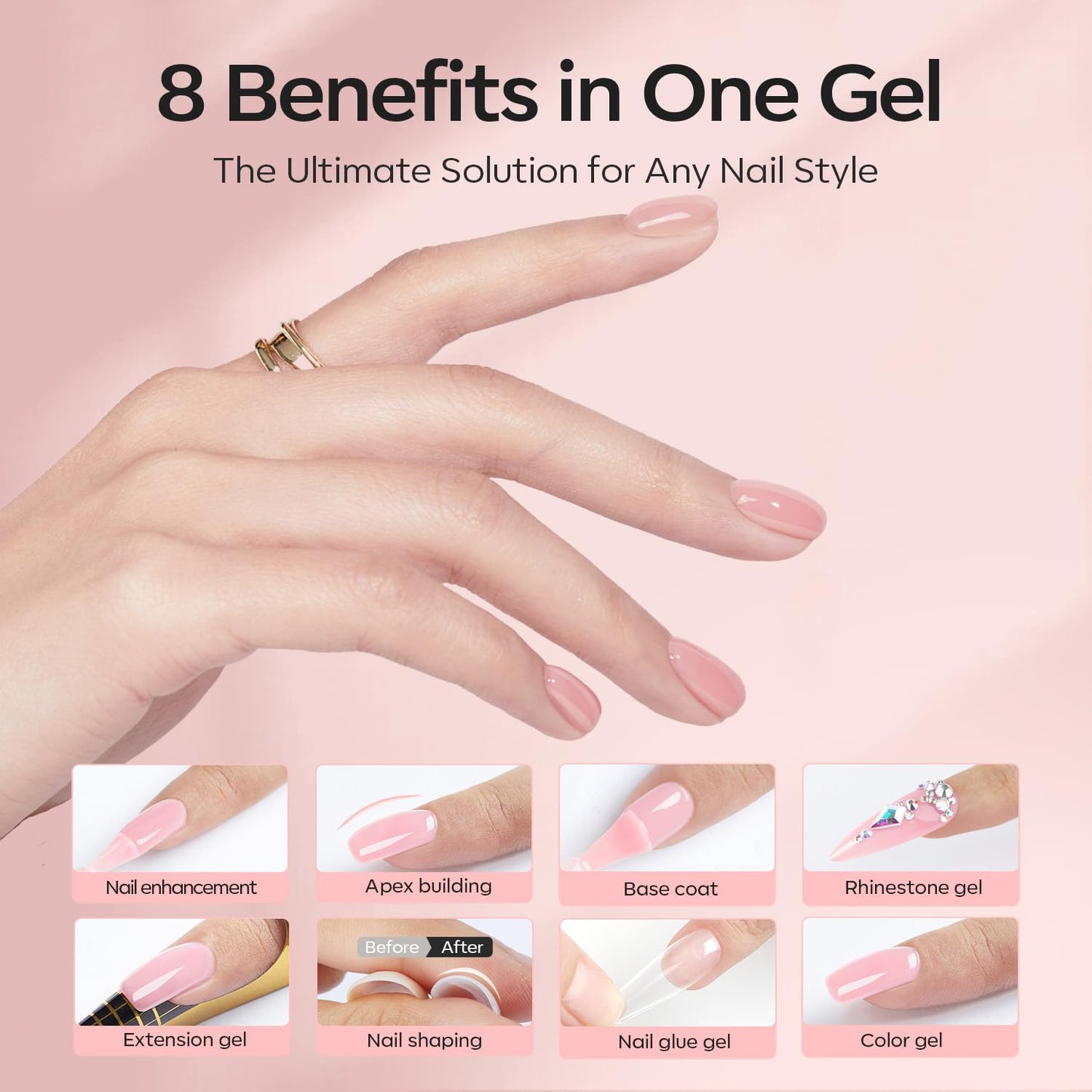 modelones Builder Nail Gel with Gel Top Coat, 8-In-One Nude Pink Builder Acid Free Top Coat for Color Rubber Base Nail Polish Thickening Apex Building Shine Finish, LED Lamp Cured 10ml Home DIY Salon