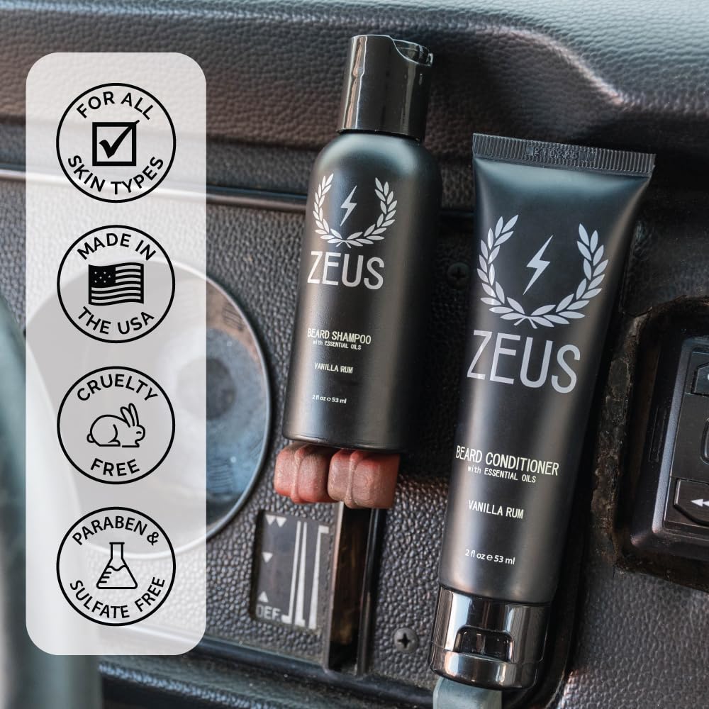 ZEUS Travel Beard Shampoo & Conditioner Combo for Men, Grooming Set with Green Tea & Essential Oils, Softens, Hydrates & Moisturizes Facial Hair (Made in USA) Verbena Lime