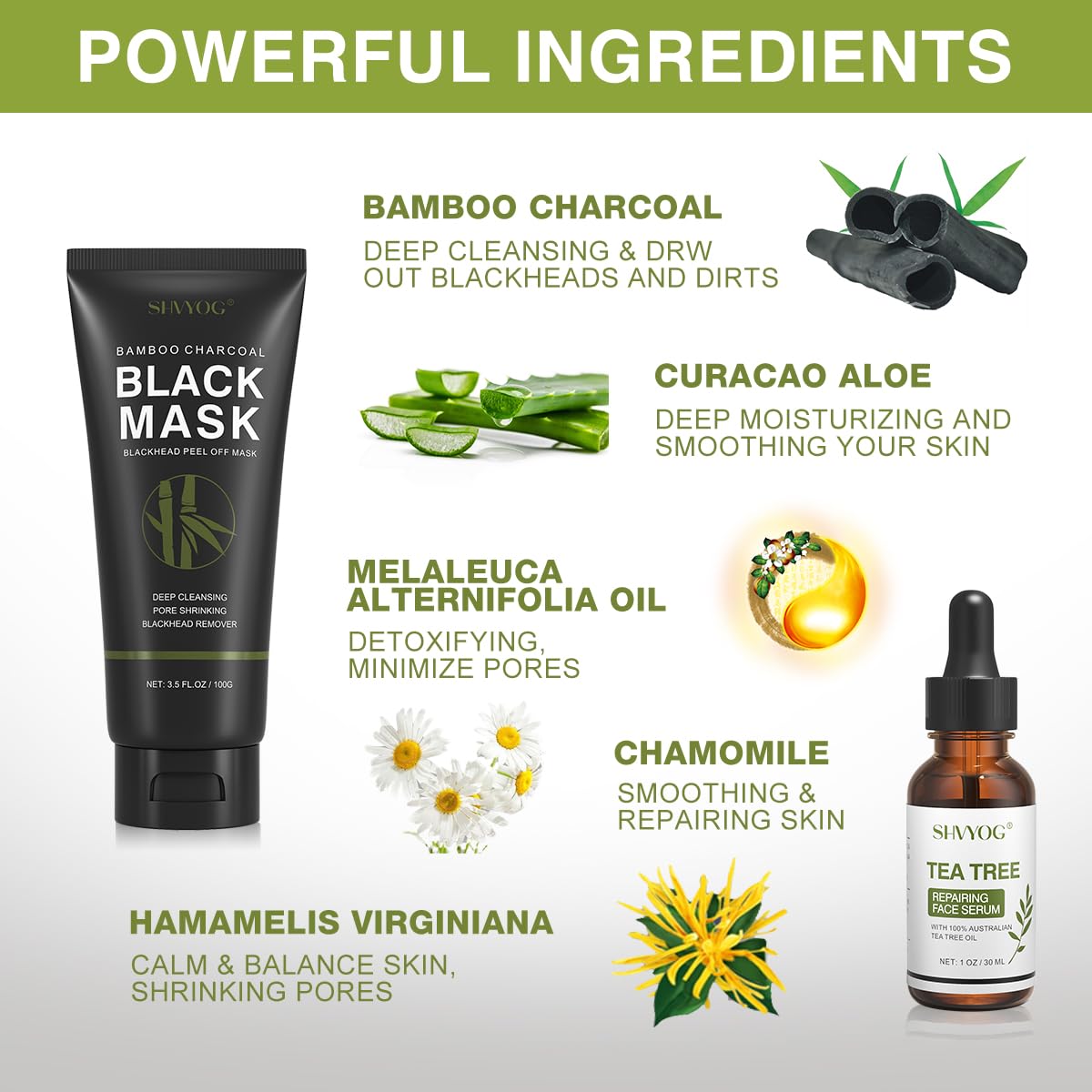 SHVYOG Blackhead Peel Off Face Mask, 3-in-1 Blackhead Remover Mask with Brush & Tea Tree Oil Serum, Charcoal Mask for Deep Cleansing Dirts, Pores, Skin Oil (100g+30ml)