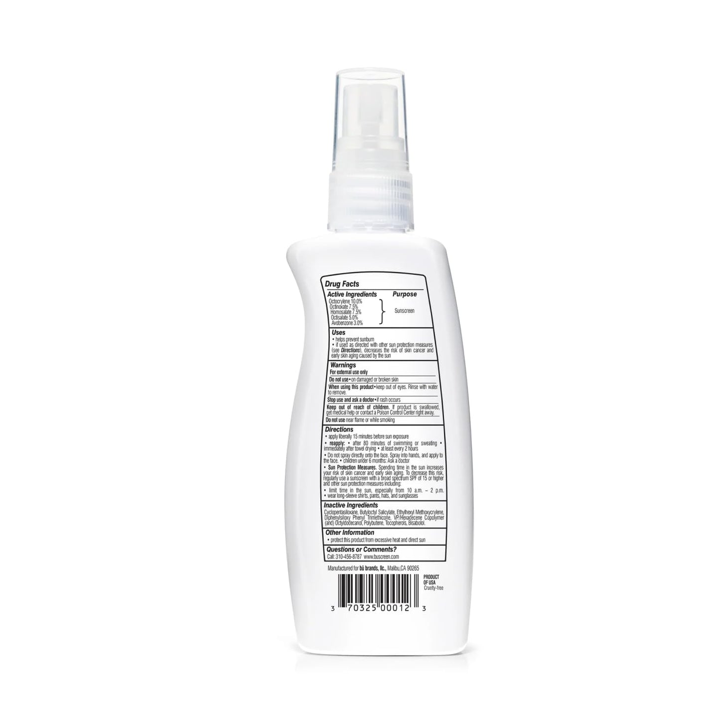 BU SPF 50 Sunscreen Spray for Face and Body, Fragrance Free, Clear, Non Greasy, Water Resistant, for Sensitive Skin, 3.3 oz