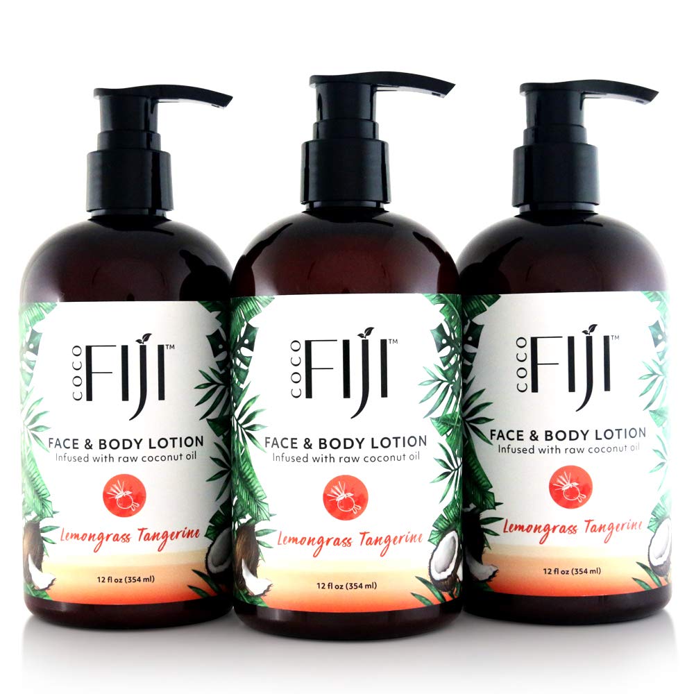 Coco Fiji Face & Body Lotion Infused With Coconut Oil | Lotion for Dry Skin | Moisturizer Face Cream & Massage Lotion for Women & Men | Lemongrass Tangerine 12 oz, Pack of 3